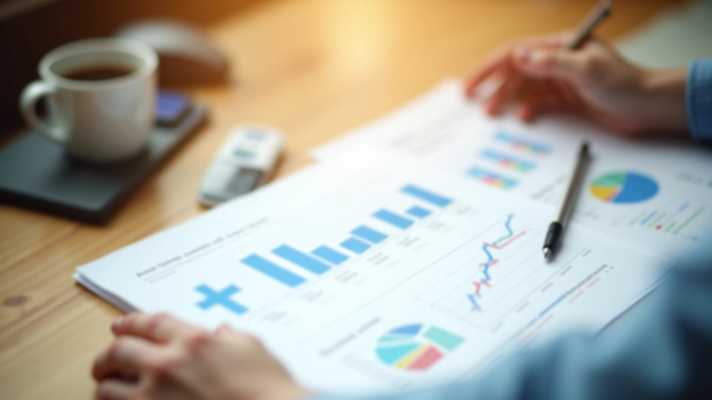 Desktop workspace with printed chatbot performance reports and metrics analysis