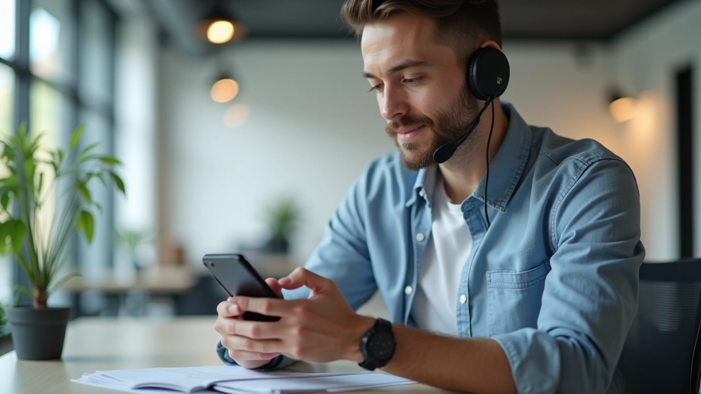 Person testing chatbot on mobile phone, reviewing responses and making notes
