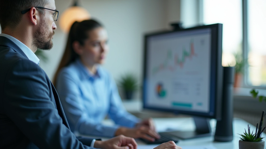 Person analyzing data on computer screen with focus on customer satisfaction trends and performance reports